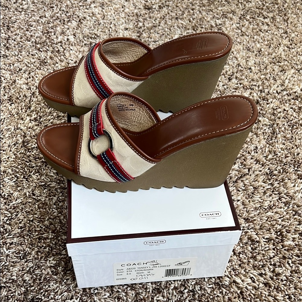 Coach Brown and Cream Wedge Sandals